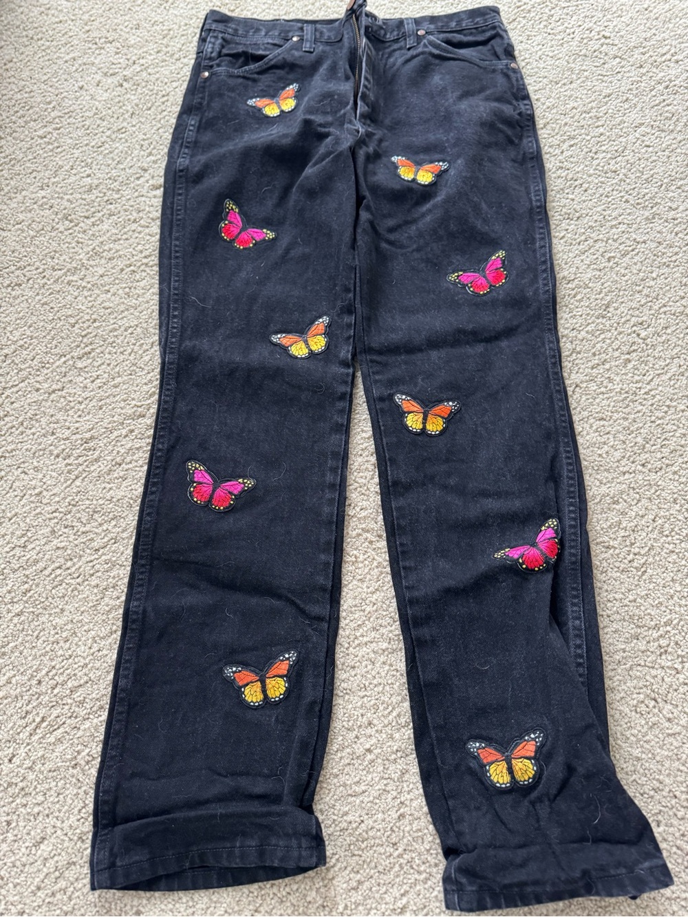 Wrangler Black Straight-Leg Jeans with Pink & Orange Butterfly Accents